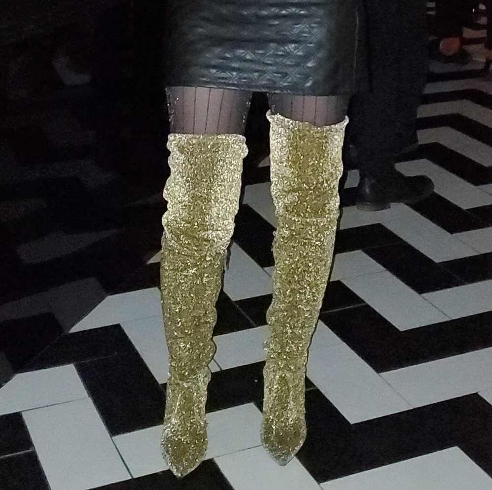 GOLD LUREX OVER THE KNEE/THIGH HIGH BOOTS 4" heels 7 1/2 by  Bamboo Pull On